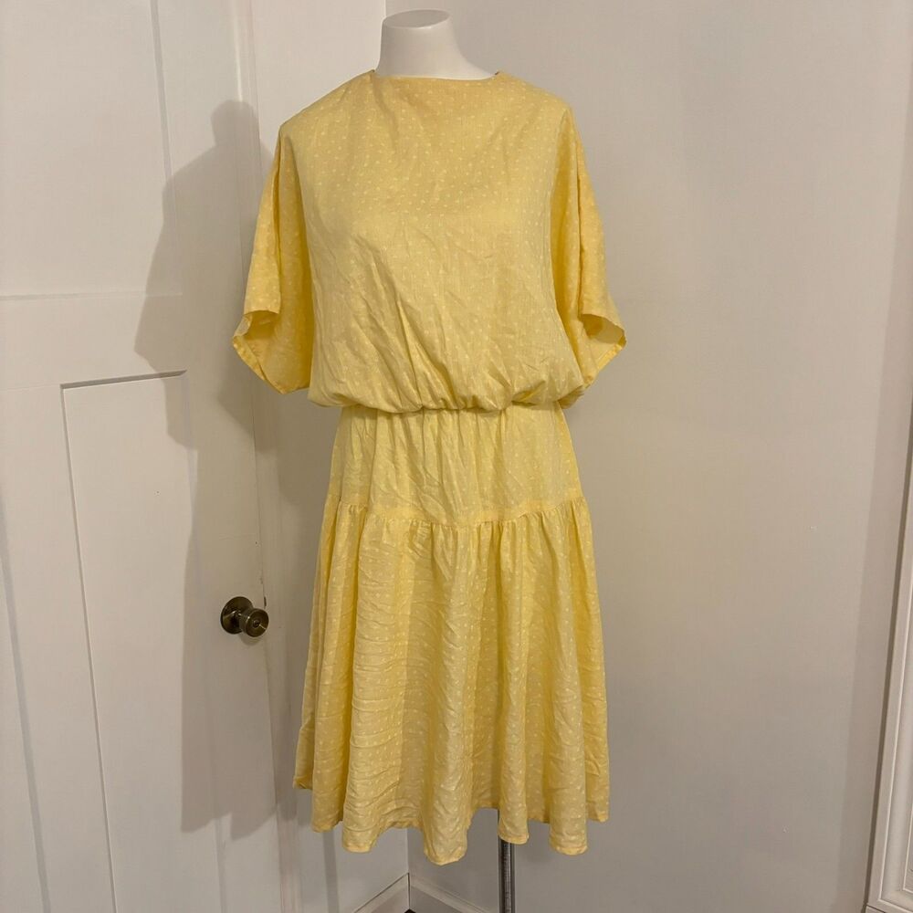 Vintage Tiered Yellow Prairie Cottagecore Smock Button Dress size Medium